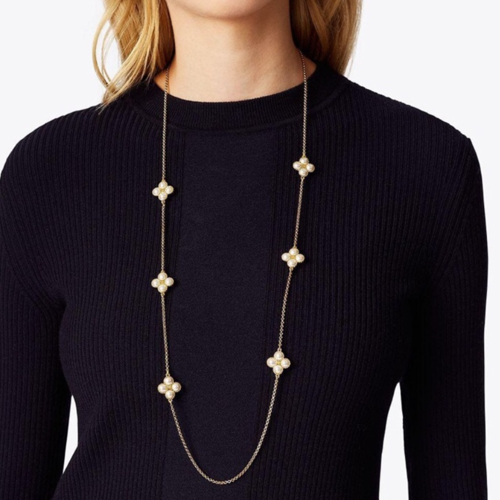 Tory Burch Rope Clover Rosary Pearl Necklace - Picture 3 of 8